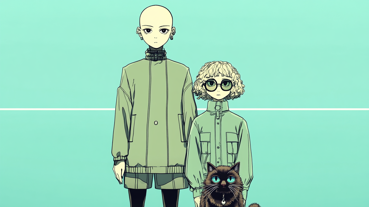 An illustration of the two founders, Jude and Jaycee along with Tuba the cat.